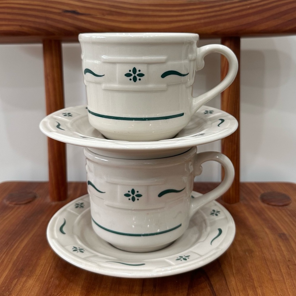 Set of 2 Longaberger Pottery Mug Cup and SauceWoven Traditions Classic Green